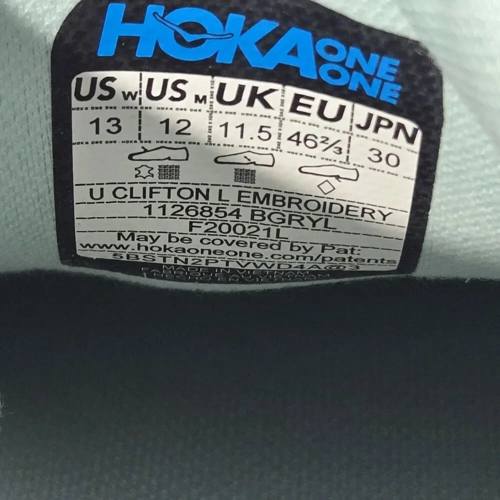 Hoka One One Blue Glass U Clifton L Embroidery Sneaker Shoe Mens 12 Womens 13 - Picture 7 of 8